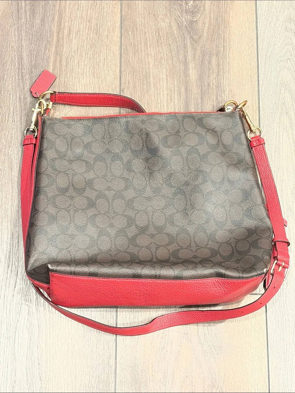 Coach Brown Signature Canvas Shoulder Bag with Red Leather Trim